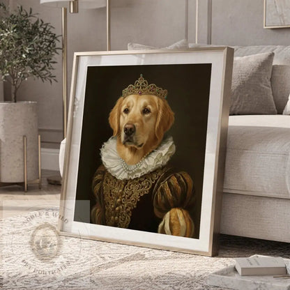Framed portrait of a dog in regal attire on a living room floor.