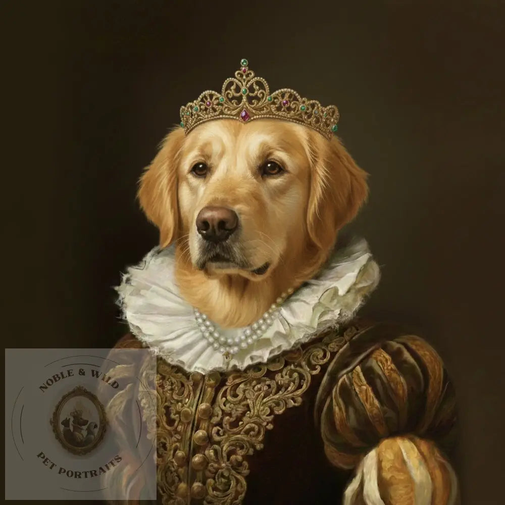 Dog wearing a regal costume with a crown on a dark background