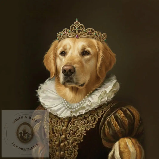 Dog wearing a regal costume with a crown on a dark background