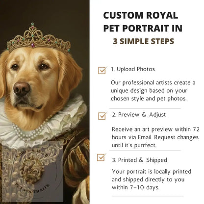Dog in royal attire with a crown, promotional text for custom pet portrait service.