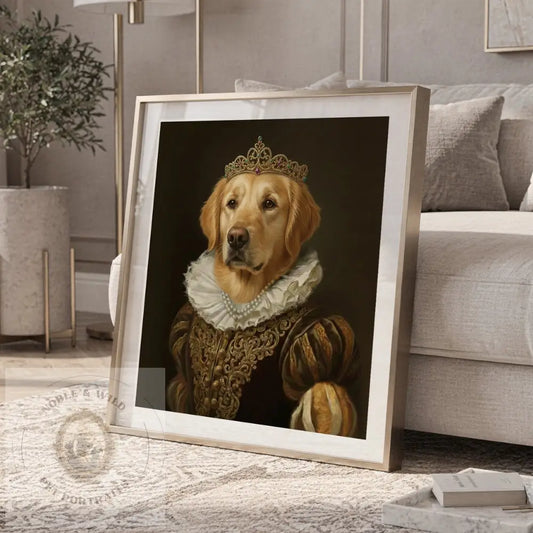 Framed portrait of a dog in regal attire on a living room floor.