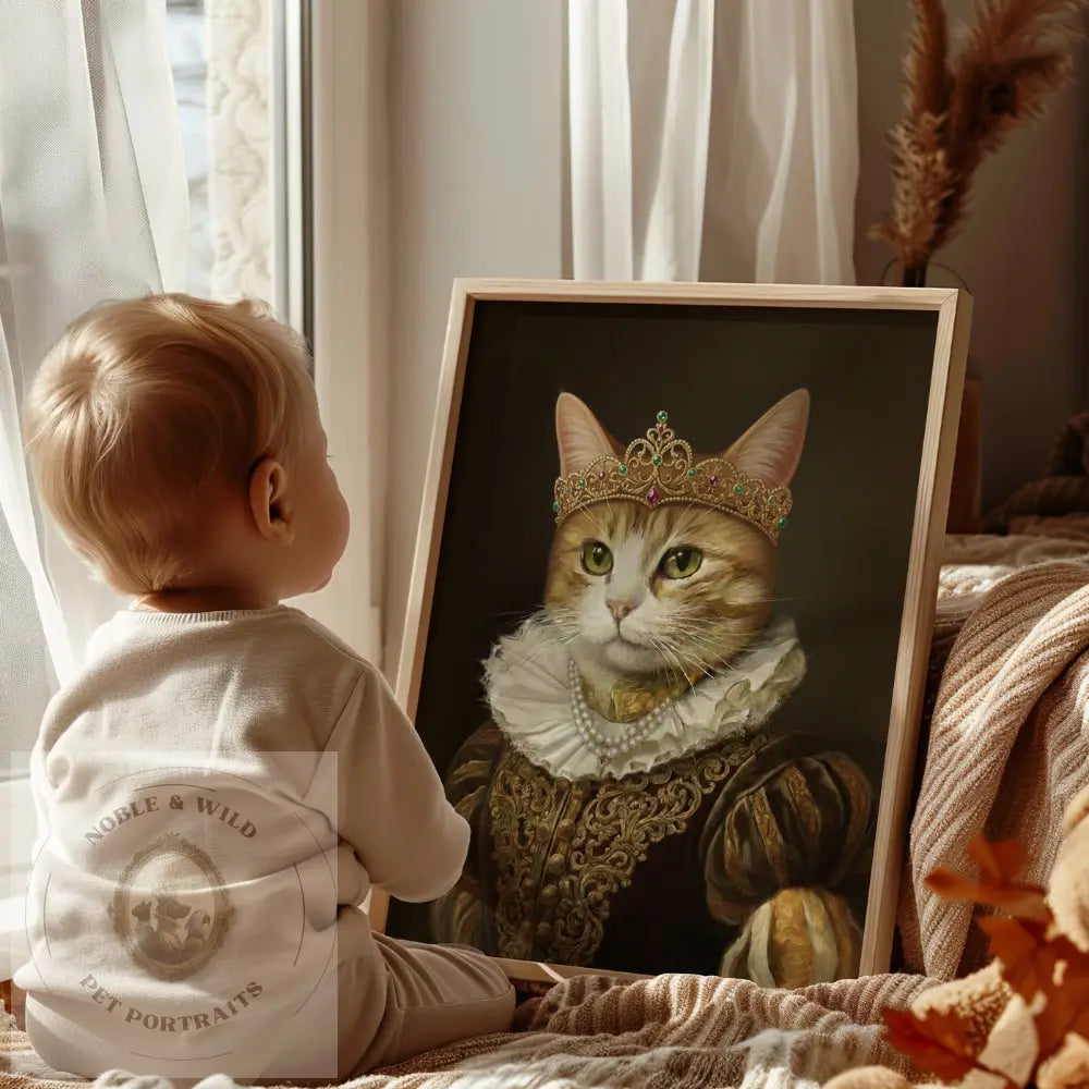 Child looking at a painting of a cat in regal attire by a window.