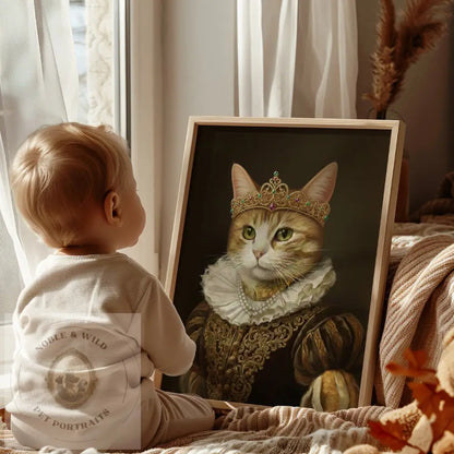 Child looking at a painting of a cat in regal attire by a window.