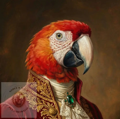 Parrot in a formal outfit with a gold jacket and red feathers against a dark background