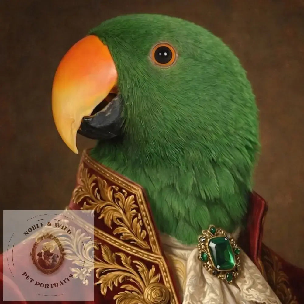Parrot in a formal outfit with a gold jacket and red feathers against a dark background
