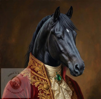Horse wearing a red coat with gold embroidery and a green gemstone on a brown background