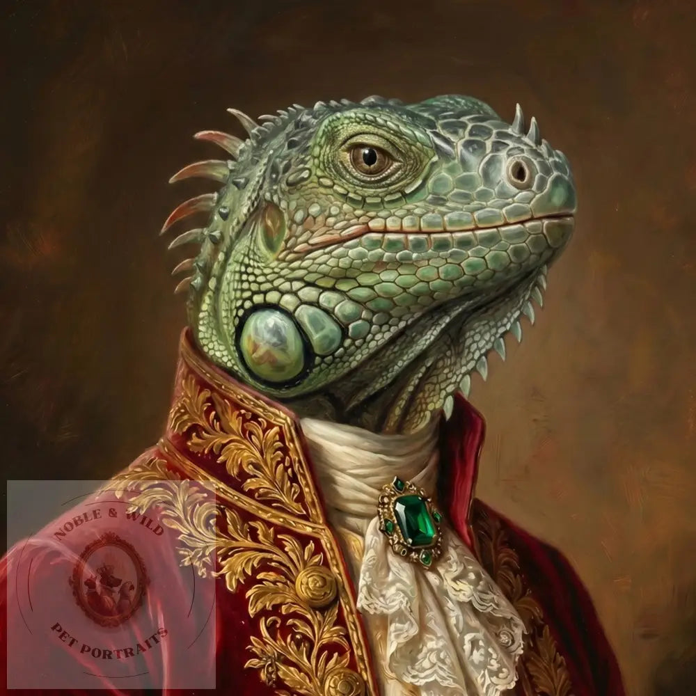 Green iguana in a formal red coat with gold accents and a white shirt, against a dark background.