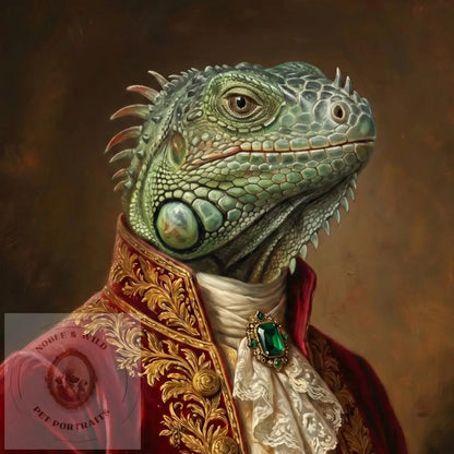 Green iguana in a formal red coat with gold accents and a white shirt, against a dark background.