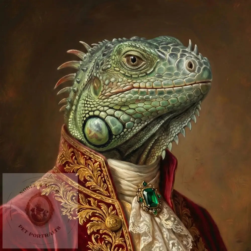 Green iguana in a formal red coat with gold accents and a white shirt.