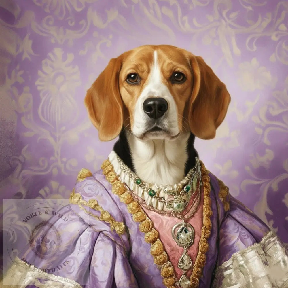 Dog in a regal costume with jewelry against a purple patterned background