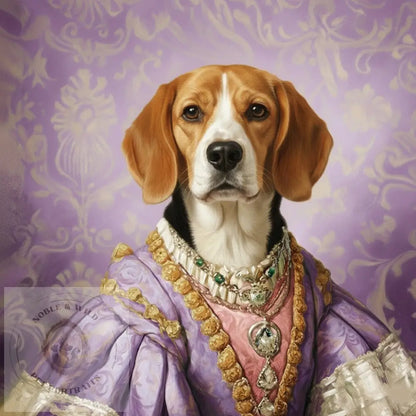 Dog in a regal costume with jewelry against a purple patterned background