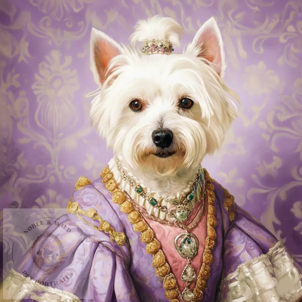 White dog in regal attire with a tiara against a purple patterned background