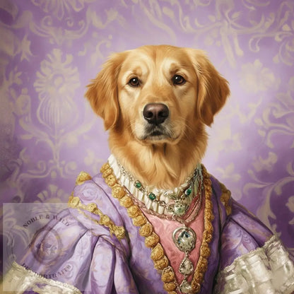 Dog in regal attire with a purple patterned background