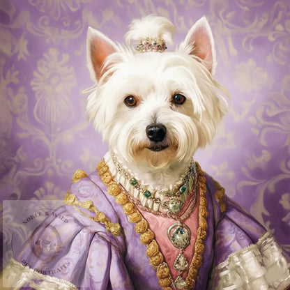 White dog in regal attire with a tiara against a purple patterned background
