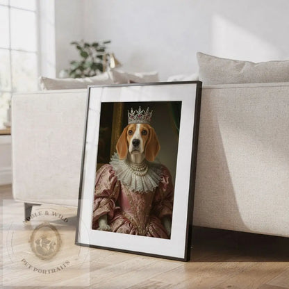 Framed portrait of a dog in regal attire on a wooden floor.