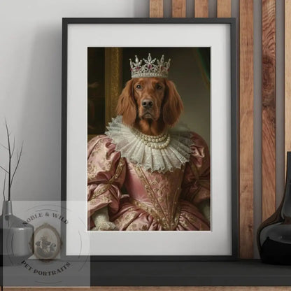 Framed artwork of a dog in regal attire with a crown, displayed on a shelf.
