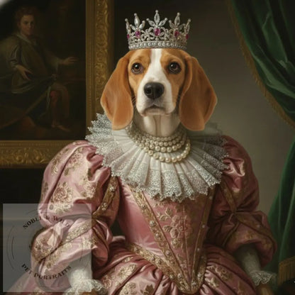 Dog in regal attire with a crown and pearls, sitting in a room with classical painting and decor.