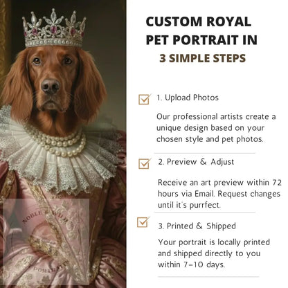Dog in royal attire with a crown and ruffled collar, promotional text for custom pet portrait service.