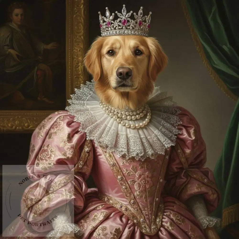 Dog in regal attire with a crown and pink dress in an ornate setting