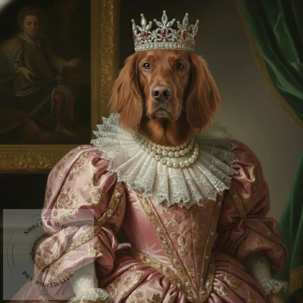 Dog in regal attire with a crown and pearl necklace, resembling a historical portrait.