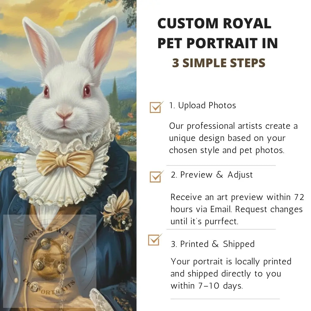 Decorative image of a rabbit in a costume with text on custom royal pet portraits.