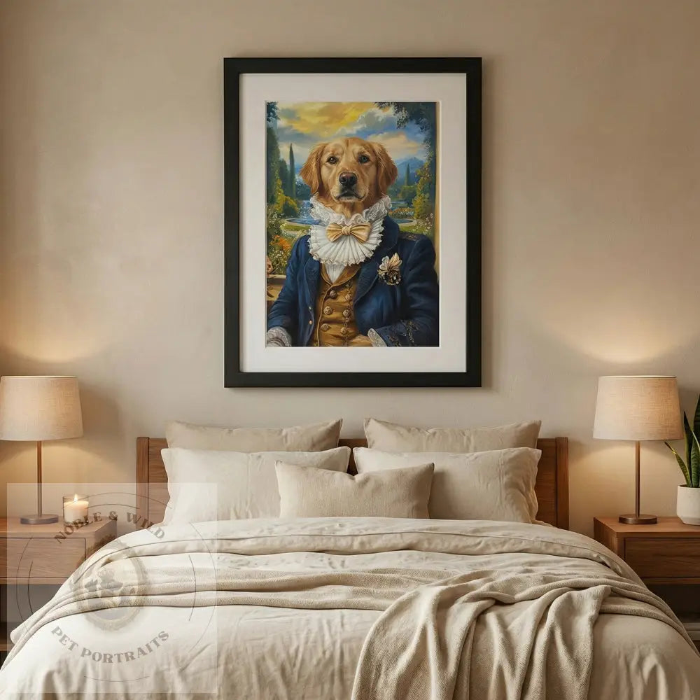 Framed artwork of a dog in formal attire above a bed in a bedroom.