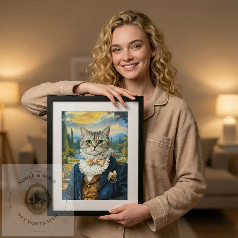Woman holding a framed painting of a cat in formal attire in a cozy living room.