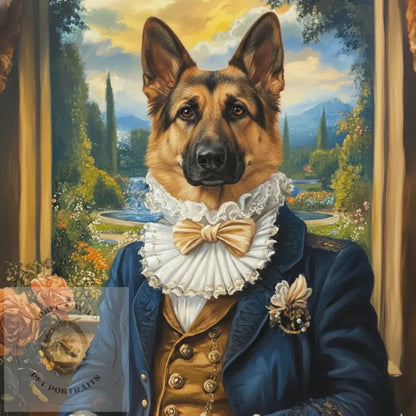 Dog in a formal outfit with a garden background