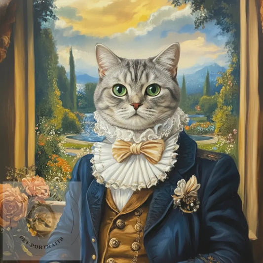 Cat in a suit with a garden background