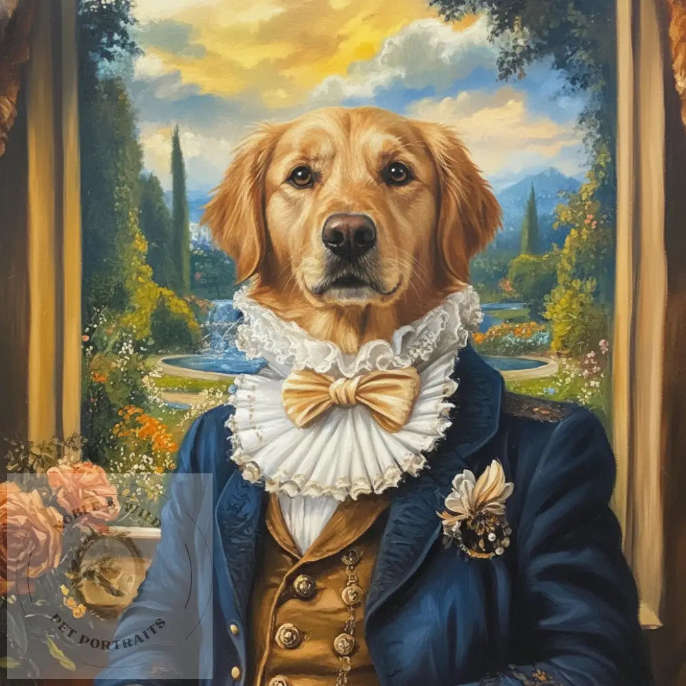 Dog in a formal outfit with a scenic background