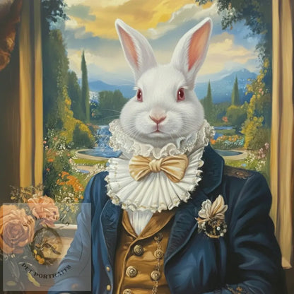 White rabbit in a suit with a garden scene in the background