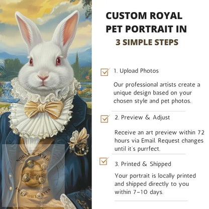 Decorative image of a rabbit in a costume with text on custom royal pet portraits.