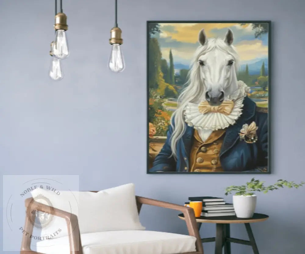 Framed artwork of a horse in a formal outfit hanging on a wall above a chair.