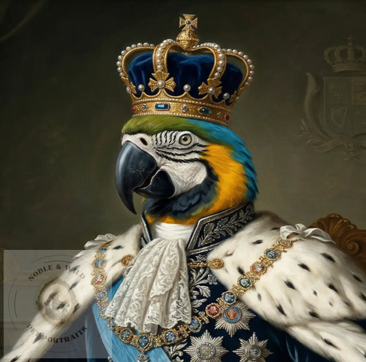 Parrot wearing a crown and ornate robe with a regal background