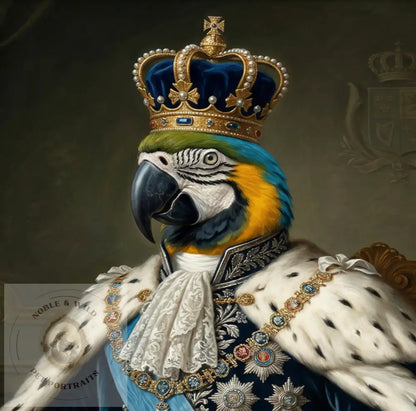 Parrot wearing a crown and ornate robe with a regal background