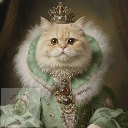 Cat in a regal outfit with a crown and green robe