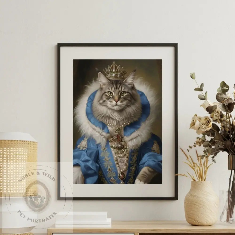 Framed artwork of a cat in royal attire on a wall above a shelf with decor items.