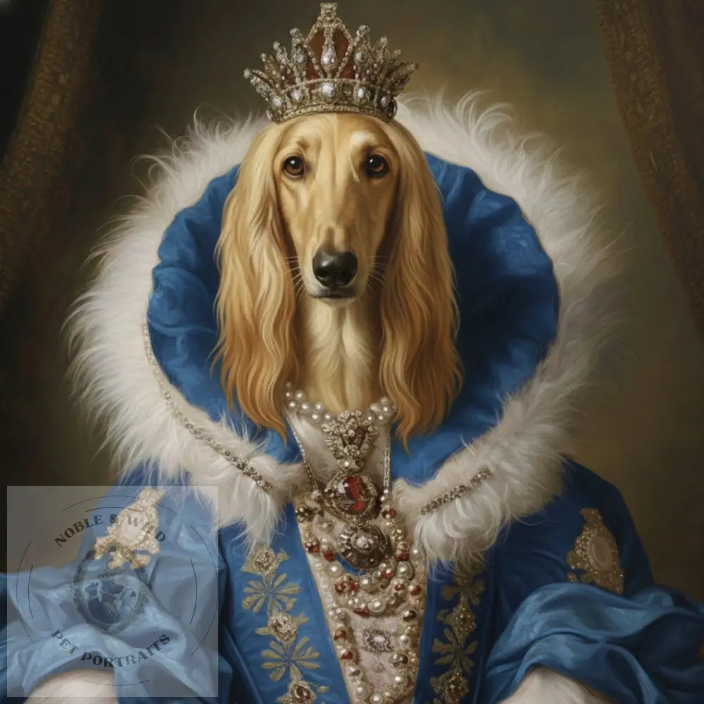 Dog in regal attire with a crown and blue robe