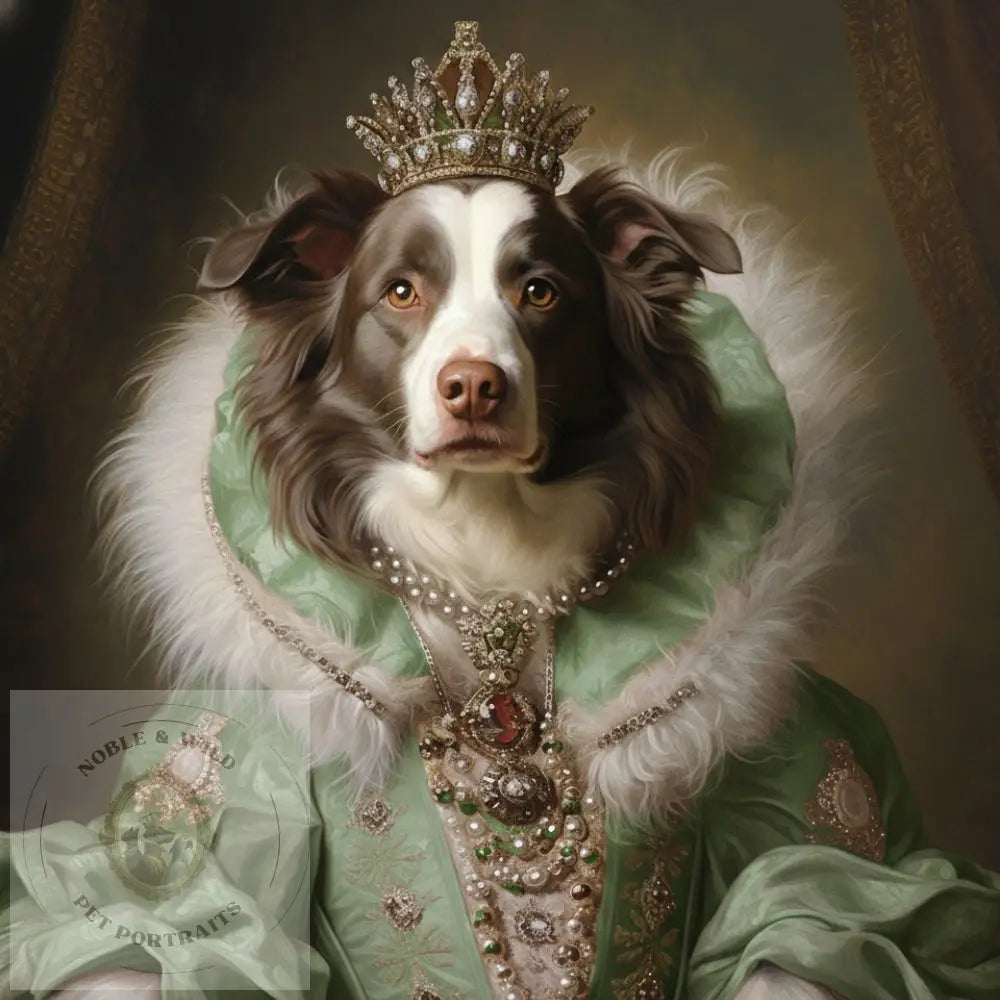 Dog in regal attire with a crown and green robe