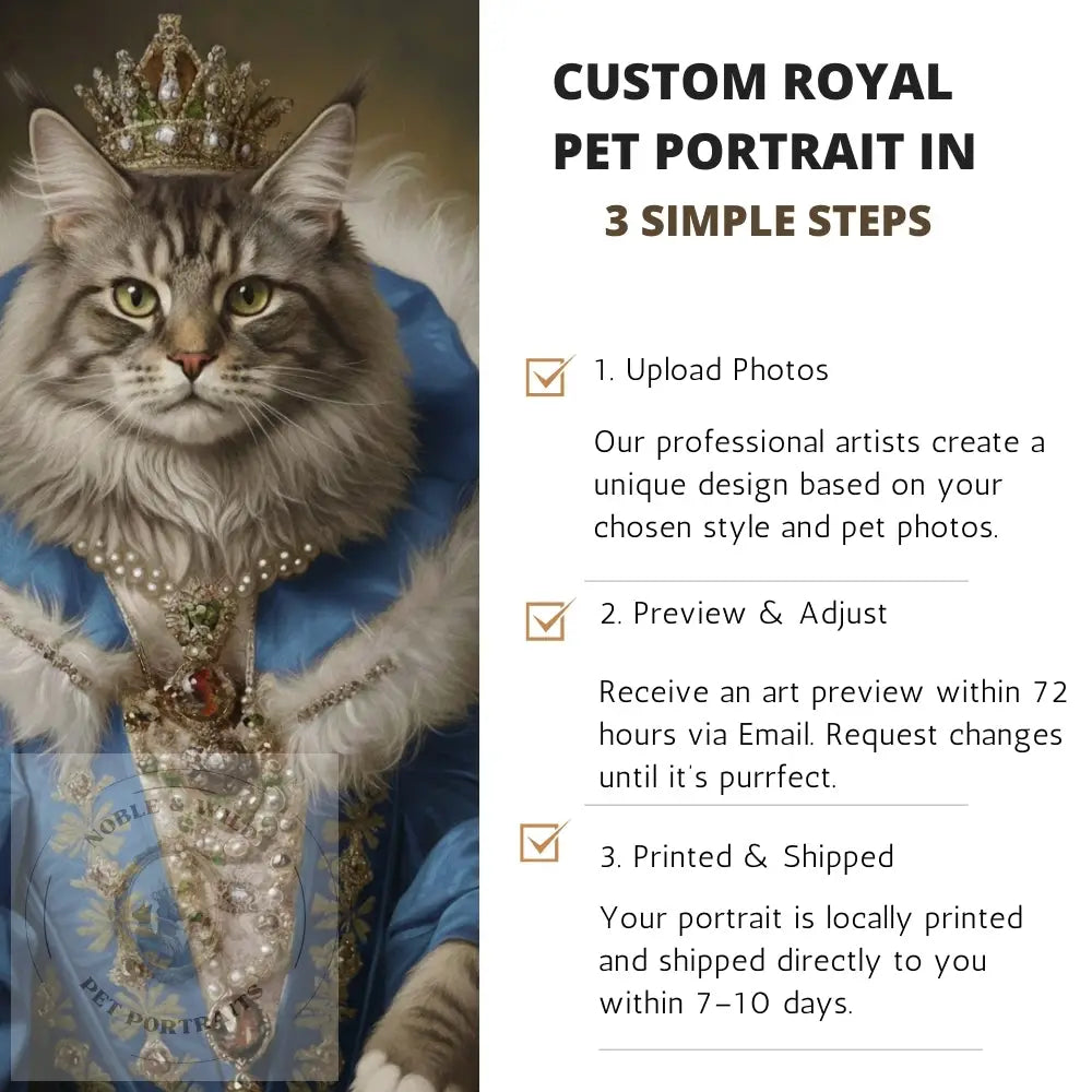 Cat in royal attire with a crown and blue robe, promotional text for custom pet portrait service.