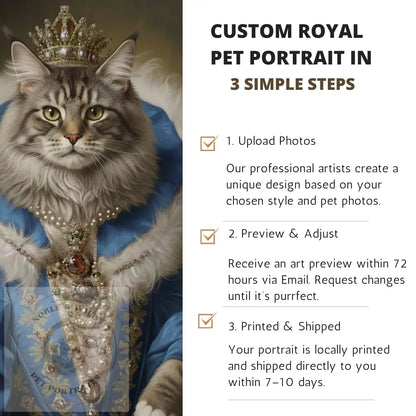 Cat in royal attire with a crown and blue robe, promotional text for custom pet portrait service.