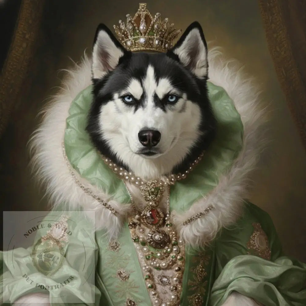 Dog in regal attire with a crown and green robe
