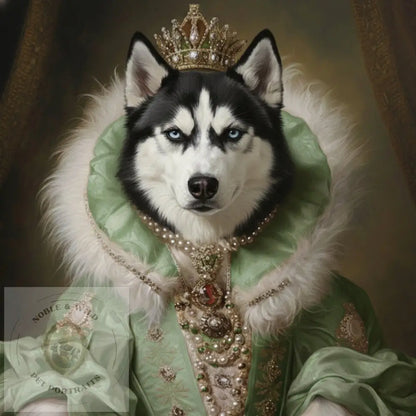 Dog in regal attire with a crown and green robe