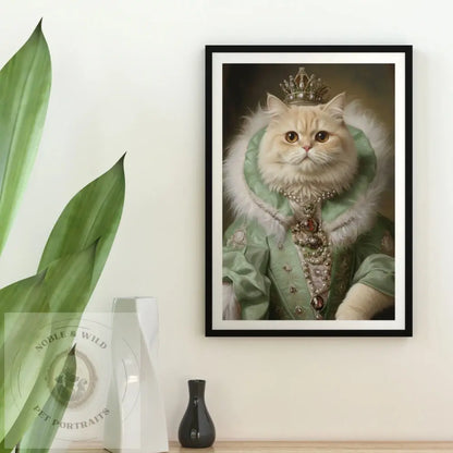 Framed artwork of a cat in regal attire with a tiara on a wall.