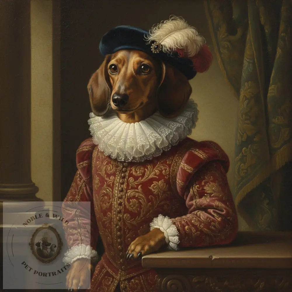Dog dressed in historical attire with a ruffled collar and hat, standing in an elegant room.