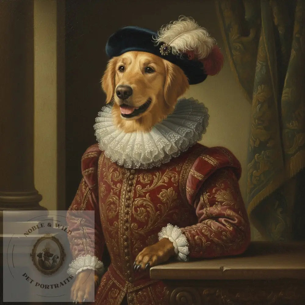 Dog in Renaissance-style clothing with a decorative hat in an ornate setting