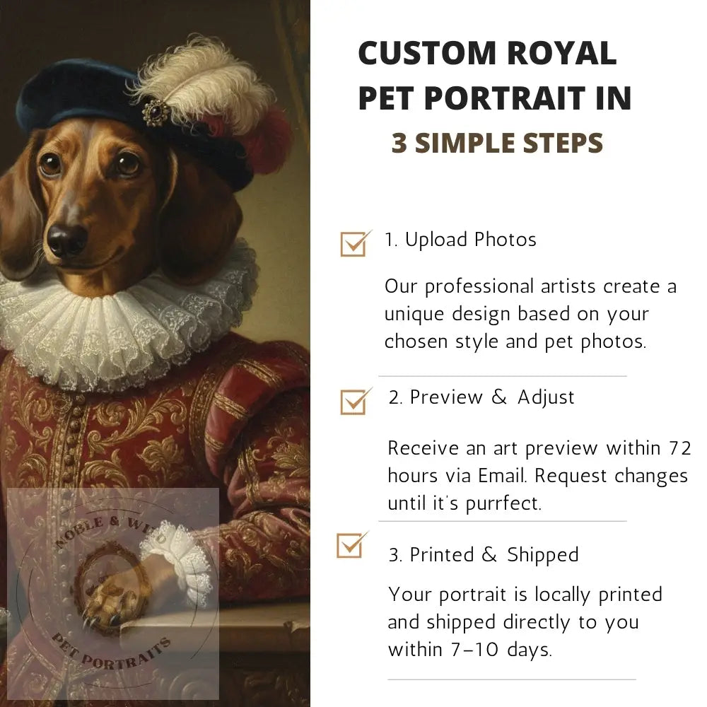 Dog in Renaissance-style clothing with text on custom pet portraits