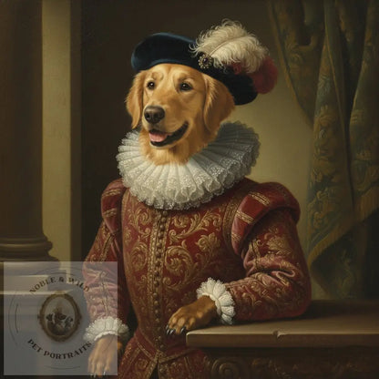 Dog in Renaissance-style clothing with a decorative hat in an ornate setting