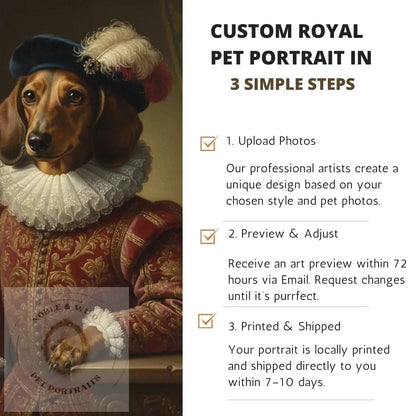 Dog in Renaissance-style clothing with text on custom pet portraits