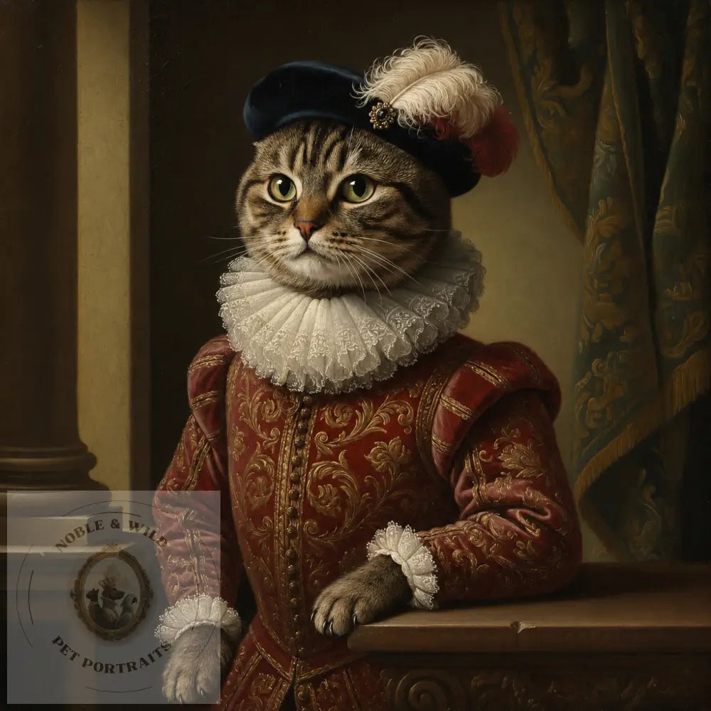 Cat in Renaissance-style clothing with a decorative headpiece